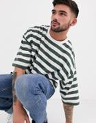 Asos Design Oversized Cotton Stripe T-shirt In Green - Mgreen