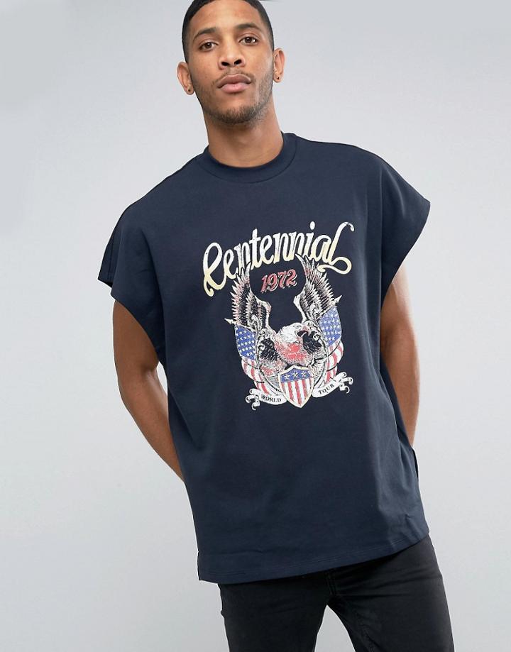 Asos Extreme Oversized Short Sleeve Sweatshirt With Eagle Print - Navy