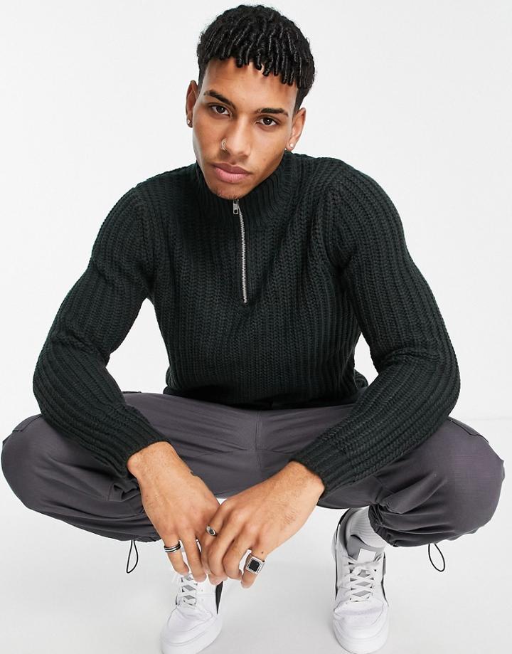 Asos Design Heavyweight Fisherman Rib Half Zip Sweater In Charcoal-grey