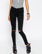 Asos Lisbon Skinny Mid Rise Jeans With Two Displaced Ripped Knees In Washed Black - Washed Black