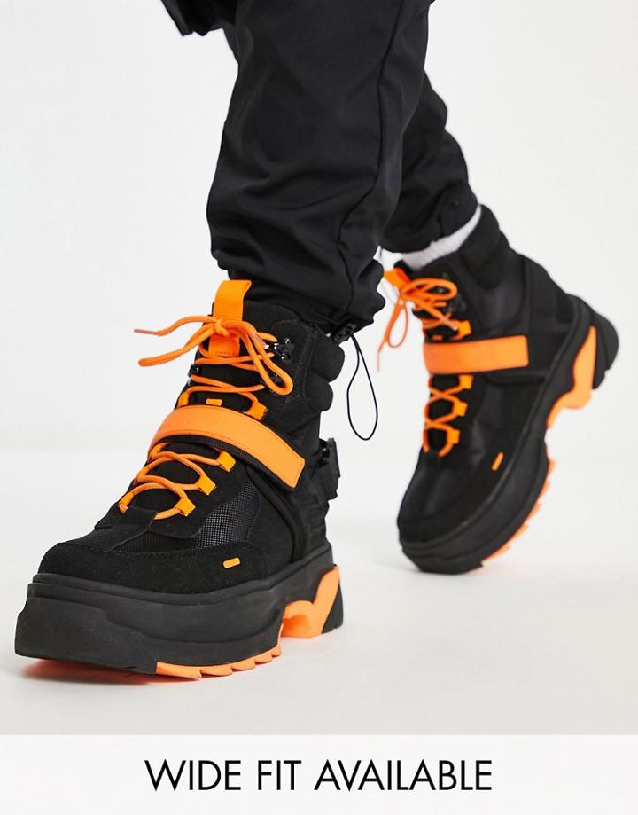 Asos Design Chunky Lace Up Boot In Black With Orange Details
