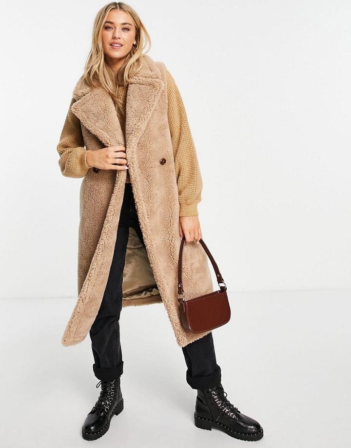 Miss Selfridge Sleeveless Textured Borg Longline Coat-neutral