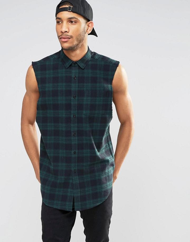 Asos Sleeveless Check Shirt In Green - Green