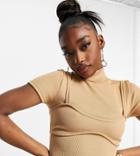 Asyou High Neck Knit T-shirt With Bra Overlay In Tan-brown