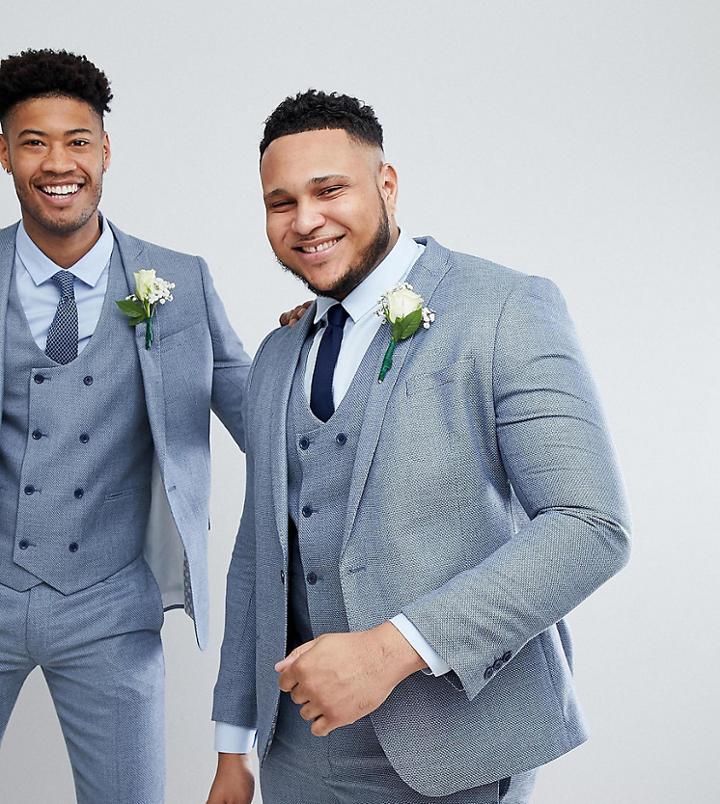 Asos Plus Wedding Skinny Suit Jacket In Airforce Blue Micro Texture - Blue