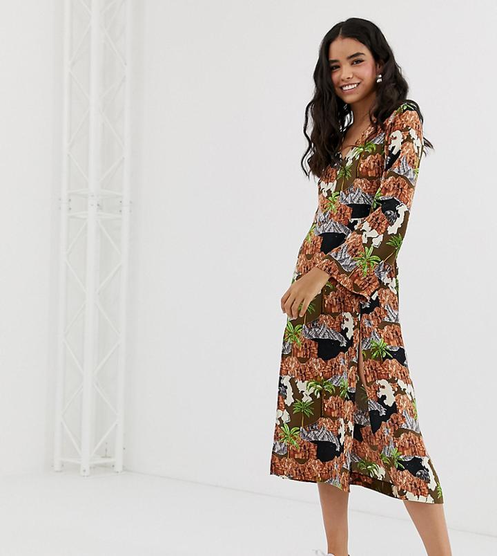 Monki Long Sleeve Midi Dress In Island Print - Brown