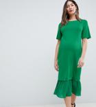 Asos Design Maternity Midi T-shirt Dress With Pleated Hem - Green