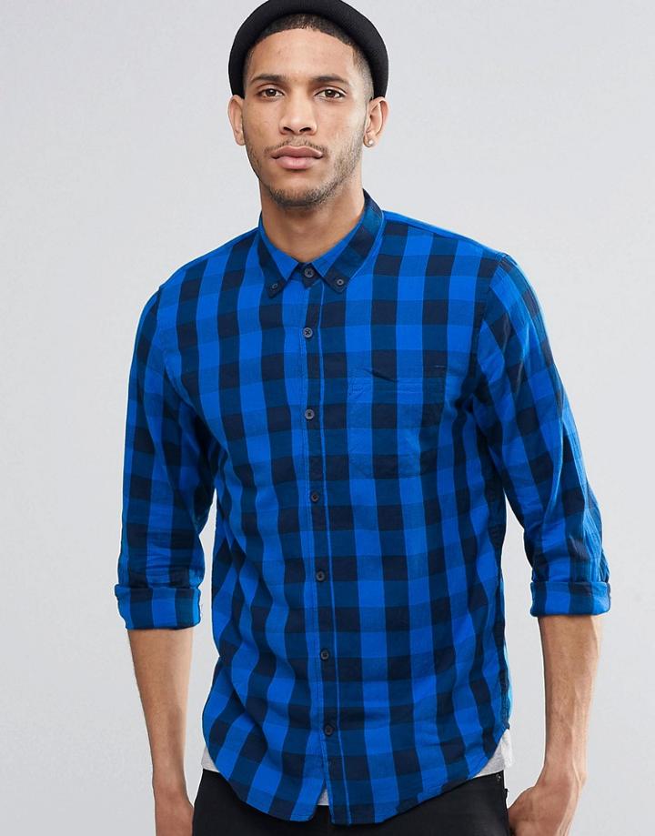 Pull & Bear Check Shirt In Blue And Black In Regular Fit - Blue