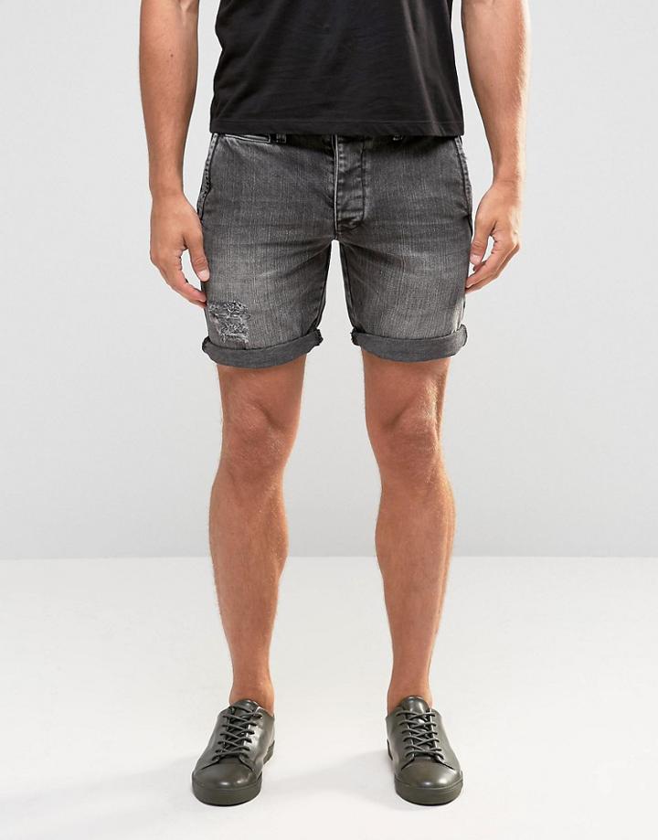 Asos Slim Denim Shorts With Rips In Washed Black - Black