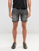Asos Slim Denim Shorts With Rips In Washed Black - Black