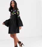 Asos Design Petite Fluted Sleeve Embroidered Smock Mini Dress-black