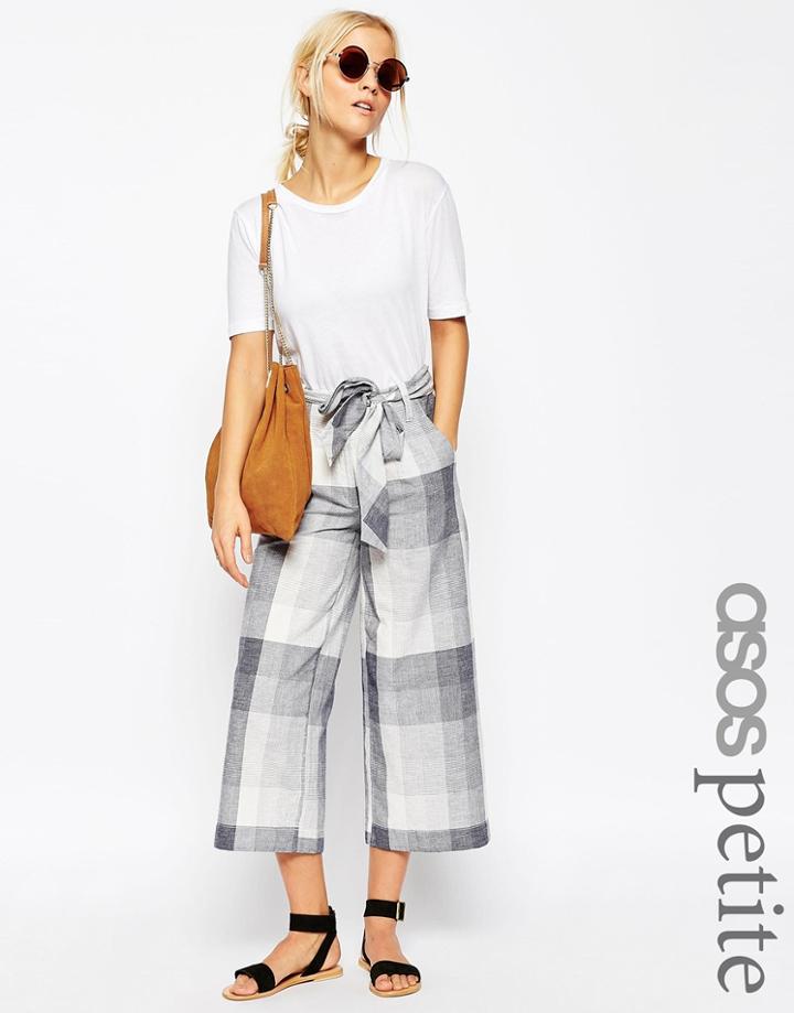 Asos Petite Linen Check Culotte With Tie - Multi