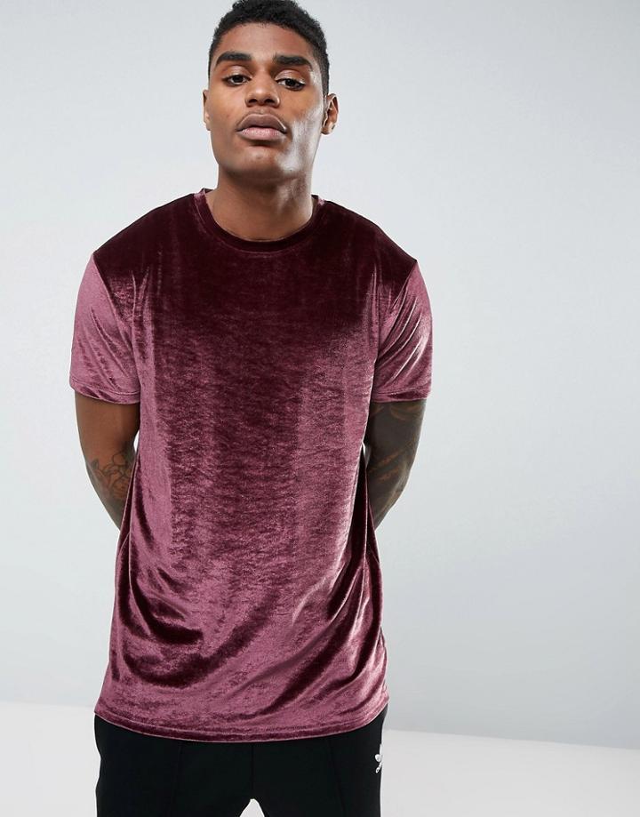 Asos Longline T-shirt In Oxblood Velour - Red