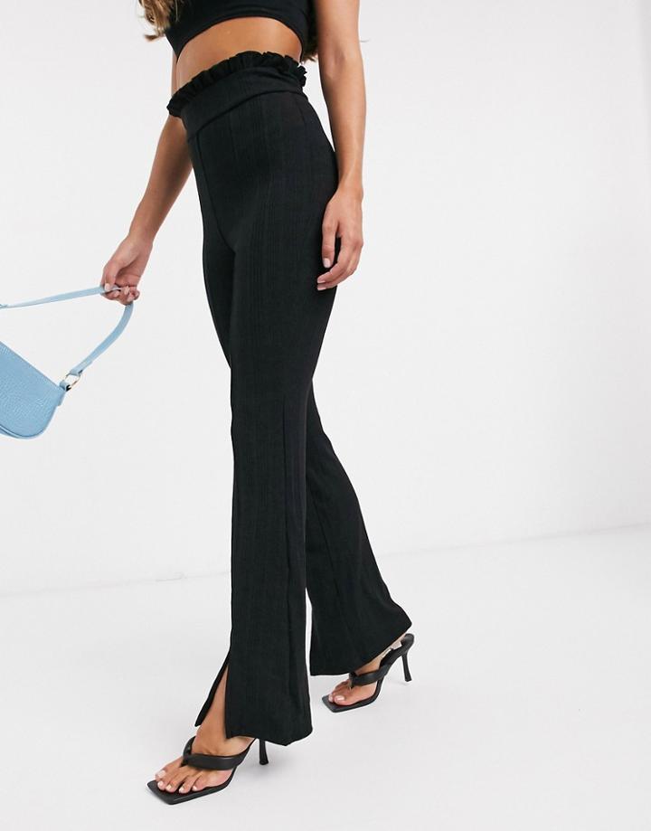 River Island Frill Waist Ribbed Flared Pants In Black