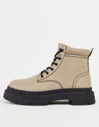 Asos Design Chunky Sole Lace Up Boot With Contrast Stitch In Taupe Faux Leather-neutral