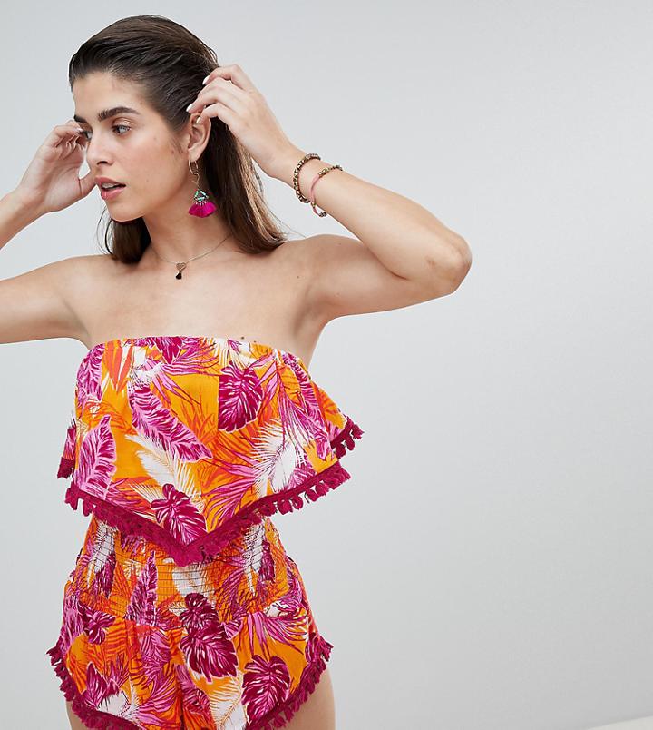 River Island Tropical Print Shirred Bardot Beach Crop Top - Orange