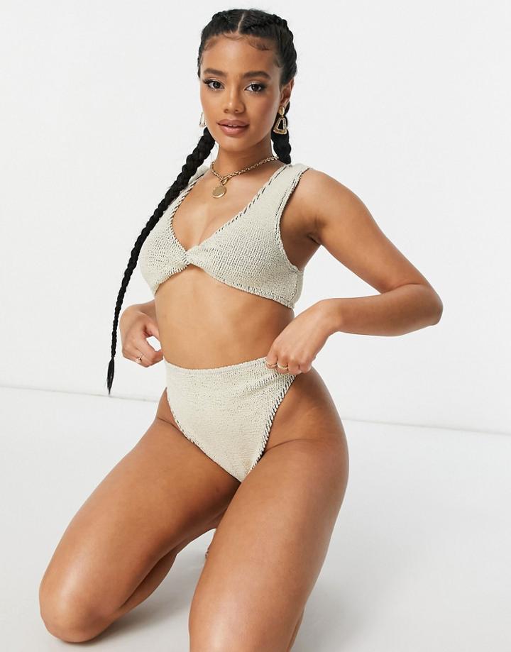 Asos Design Mix And Match Crinkle Twist Detail Crop Top In Natural Tones-neutral