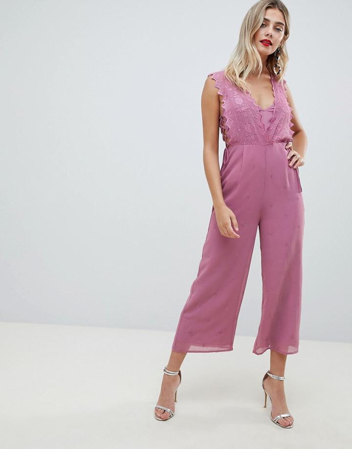 Asos Design Jumpsuit With Embroidery And Lace Up Detail - White