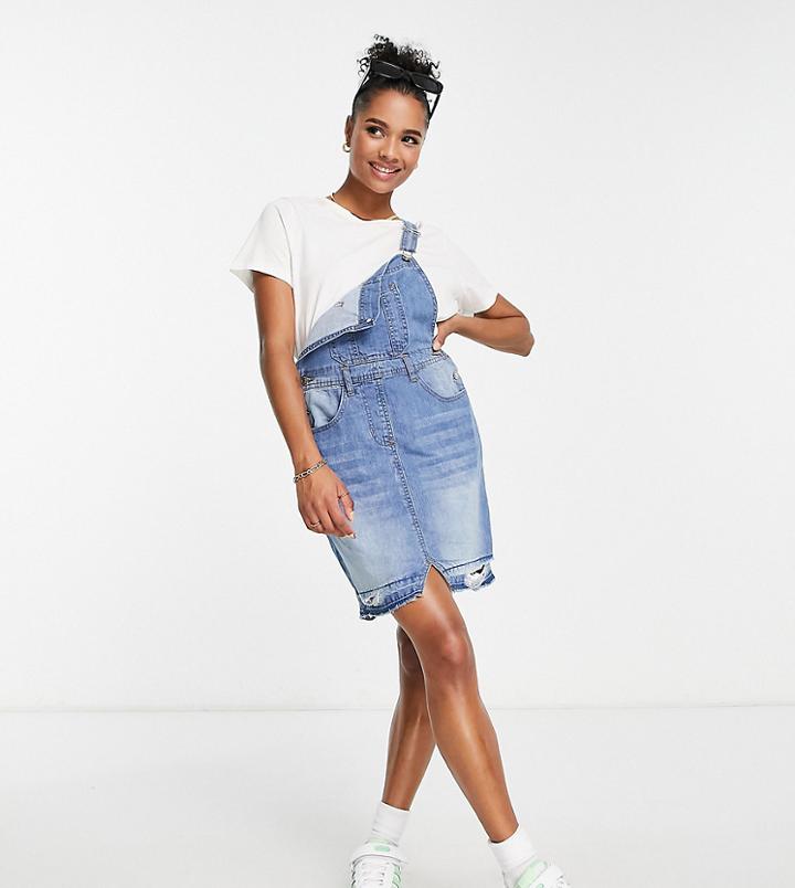 Parisian Petite Denim Overall Dress In Light Blue
