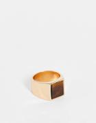 Asos Design Square Signet Ring With Tigers Eye Stone In Gold Tone