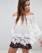 Parisian Off Shoulder Shirred Detail Top With Crochet Hem - White