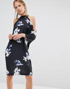 Liquorish Floral Printed Cold Shoulder Knee Length Dress - Black