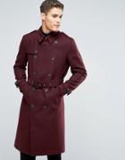 Asos Wool Mix Belted Double Breasted Overcoat In Burgundy - Red