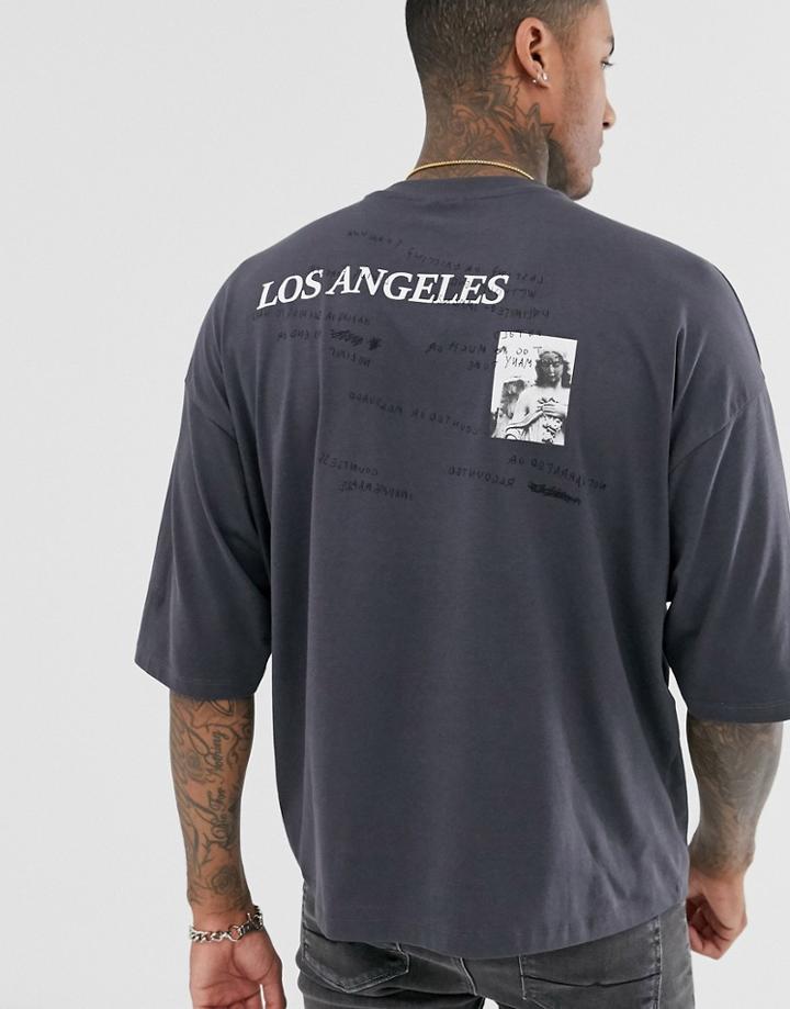 Asos Design Organic Cotton Oversized T-shirt With Contrast Stitch And City Text Print-black