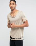 Asos Longline T-shirt With Stretch Neck And Heavy Distress In Drape Fabric - Beige