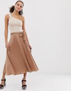 Asos Design Satin Midi Skirt With Self Belt - Brown