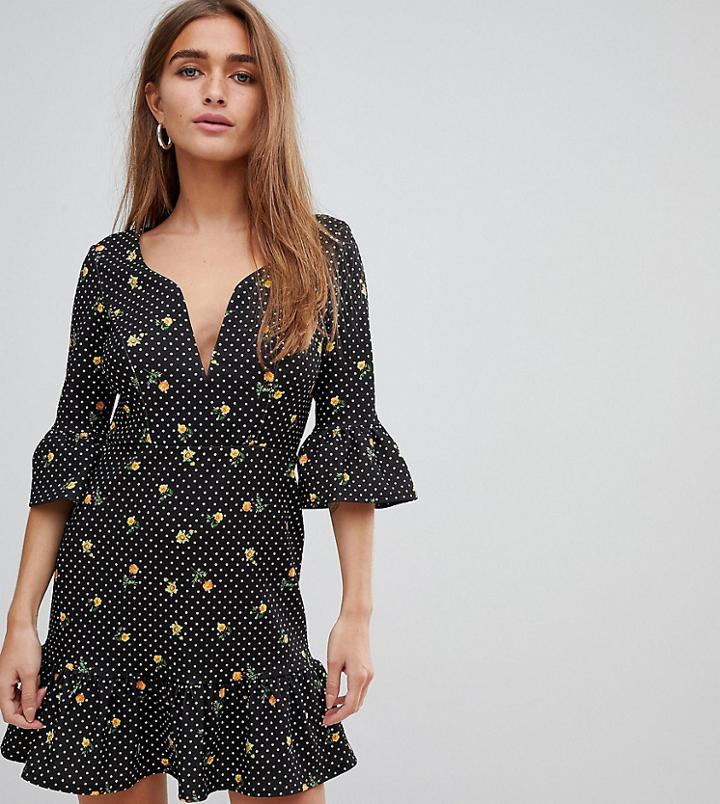 Asos Design Petite Mini Dress With Plunge In Spot And Floral-multi