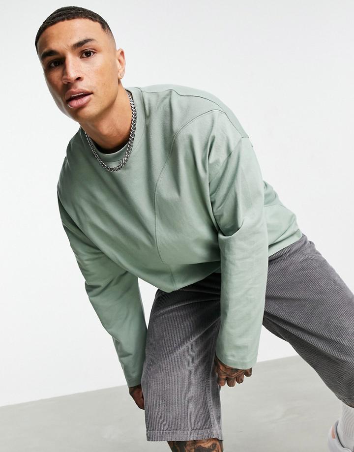 Asos Design Oversized Long Sleeve T-shirt With Cut And Sew Detail In Khaki-green