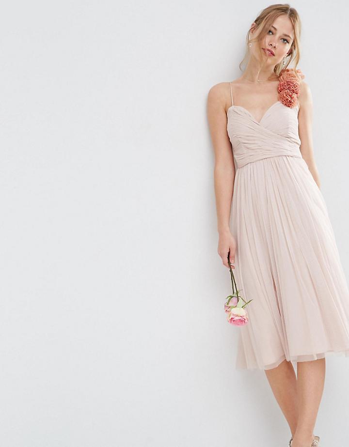 Asos Tall Wedding Ruched Midi Dress With Corsage Straps - Pink