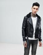 Asos Design Faux Leather Biker Jacket With Fleece Collar In Black - Black