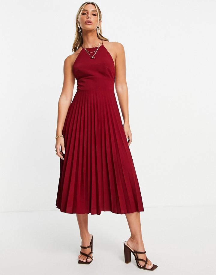 Asos Design Skinny Back Racer Pleated Midi Dress In Oxblood-red