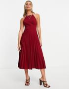 Asos Design Skinny Back Racer Pleated Midi Dress In Oxblood-red