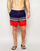 Asos Mid Length Swim Shorts With Engineered Stripe - Navy