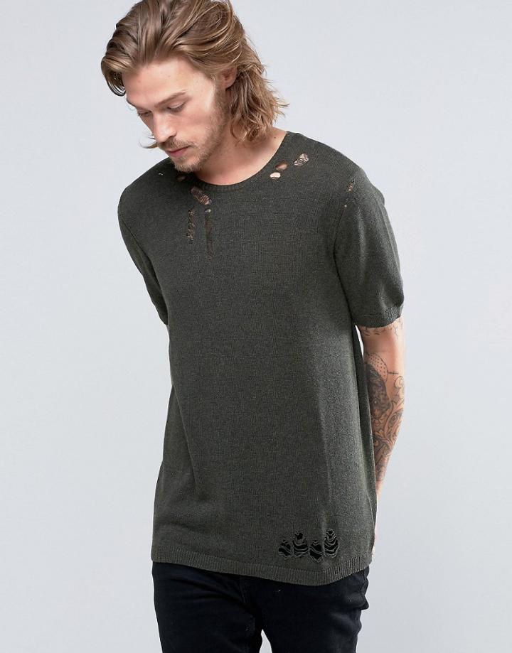 Asos Knitted T-shirt With Laddering - Green