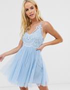 Asos Design Premium Lace Top Tulle Cami Mini Dress-blue