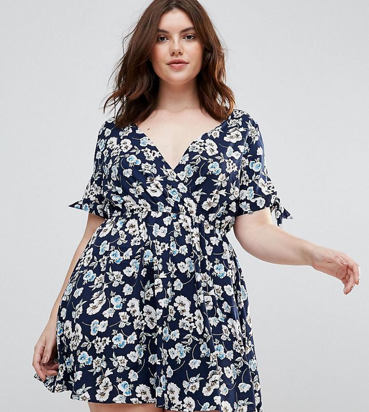Influence Plus Wrap Front Dress With Tie Sleeve Detail - Black