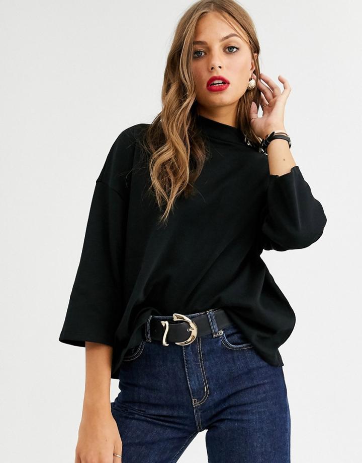 Asos Design Funnel Neck Oversized 3/4 Sleeve Top In Black