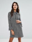 Goldie Janey Striped Leaf Printed Shift Dress With Bell Sleeves And Neck Tie - Multi