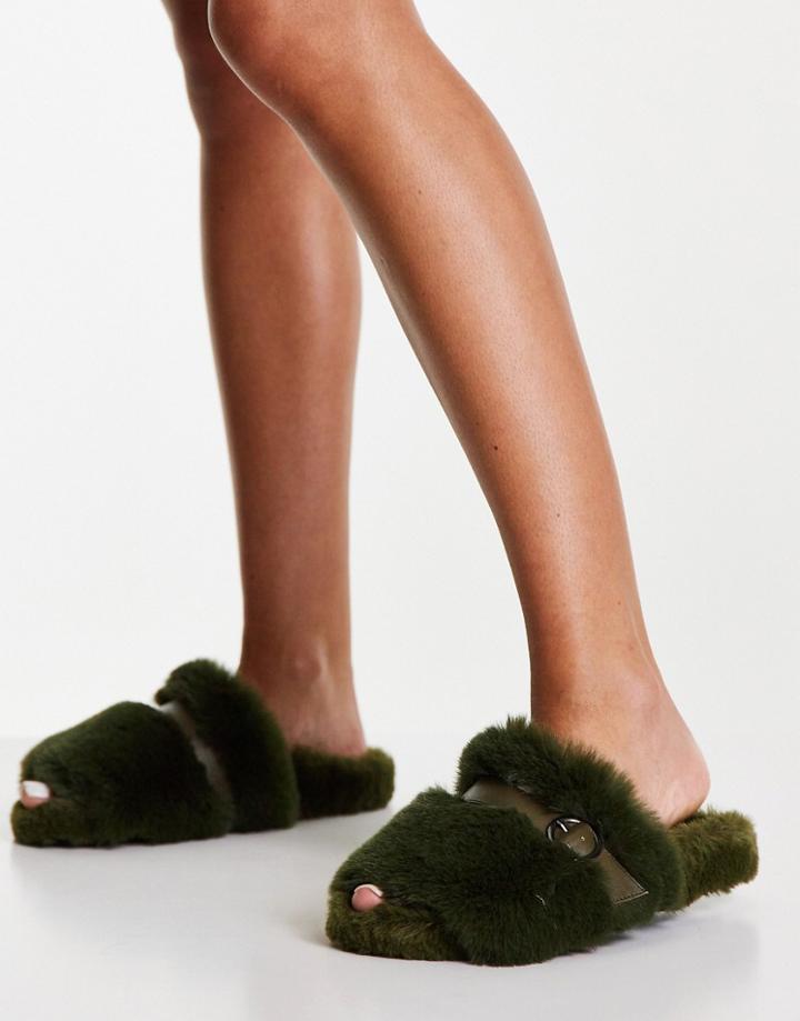 Topshop Faux Fur Strap Mule Slippers In Khaki-green