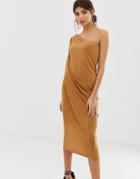 Asos Design One Shoulder Drape Slinky Midi Dress-brown