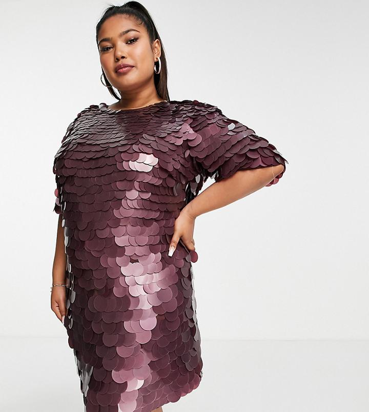 Asos Design Curve Exclusive Sequin Shift Mini Dress In Burgundy-brown