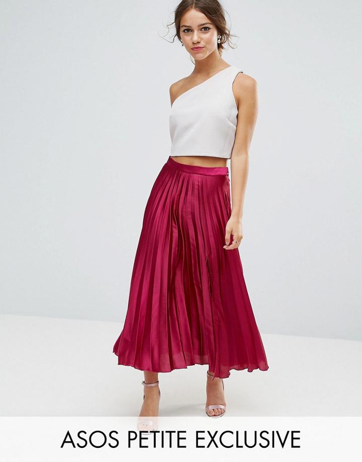Asos Petite Exclusive Pleated Midi Skirt In Satin With Splices - Multi