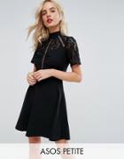 Asos Petite High Neck Skater Dress With Lace Panel - Black