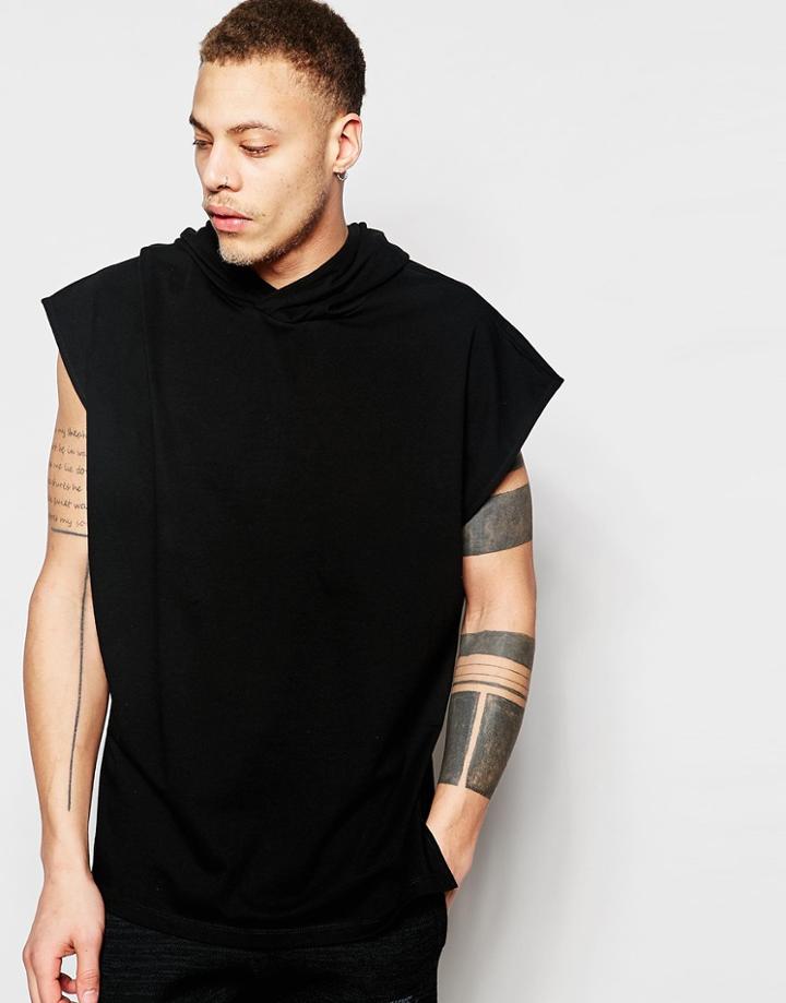 Asos Super Oversized Hooded Longline T-shirt With Long Side Splits In Heavyweight Fabric - Black