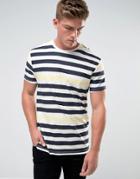Bershka T-shirt With Stripes In Navy And Yellow - White