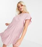 Asos Design Petite Frill Sleeve Tiered Smock Dress In Rose-pink